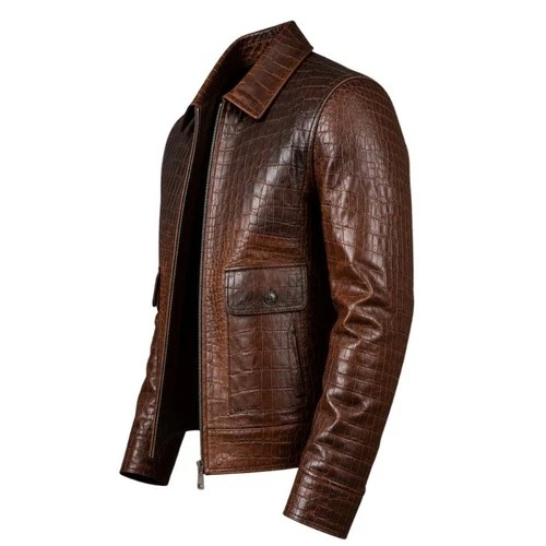Men's Genuine Leather Jacket Brown Crocodile Embossed Zip Up Coat image 3