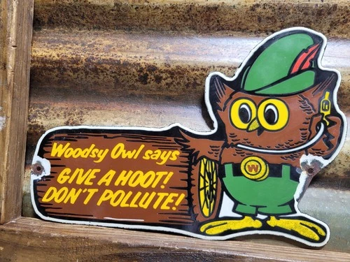 VINTAGE WOODSY OWL PORCELAIN SIGN OLD FOREST SERVICE PARK SMOKEY DONT POLLUTE
