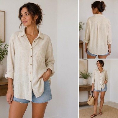 OLD NAVY Size 2XL Linen Blend Beige Oversized Boyfriend Shirt Coastal Minimalist