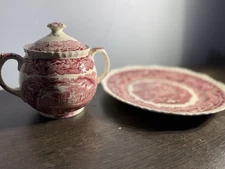 Mason’s Vista Red Transferware Ironstone 9” Plate & Sugar Bowl England Vintage