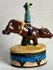 Ceramic Dallas Texas Cattle Baron's Ball Trinket Box 2006 Bull Rider & Baby Bull