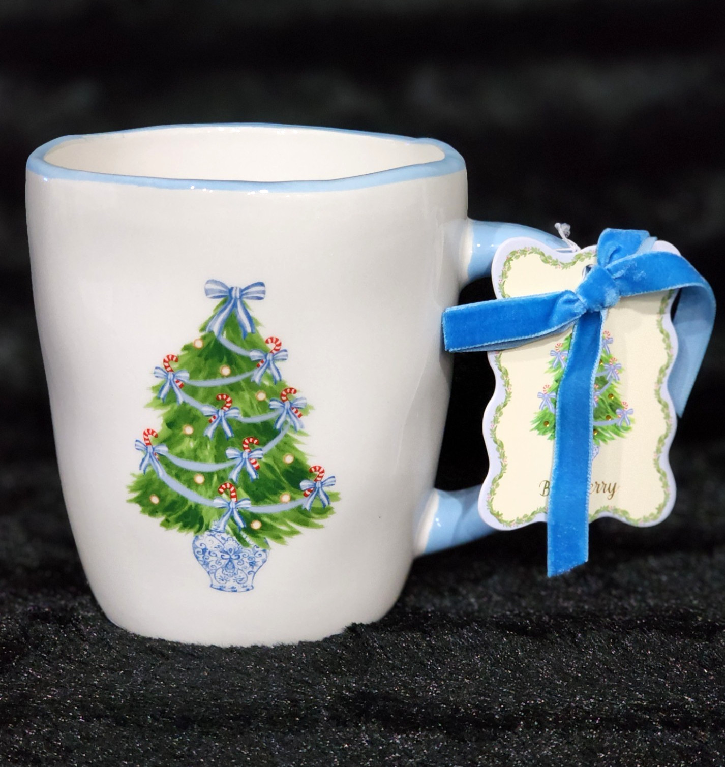 Blue & White Christmas Tree Coffee Mug Cup 4" Ceramic Chinoiserie Bows Haig TT
