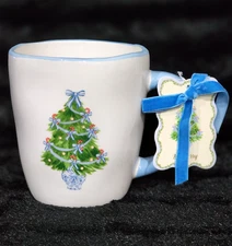 Blue & White Christmas Tree Coffee Mug Cup 4" Ceramic Chinoiserie Bows Haig TT