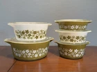 Vintage Pyrex Spring Blossom Green Covered Casserole Set 471-475 Complete w lids