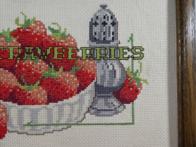 Vintage APPLE PIE & STRAWBERRIES Cross Stitch WALL HANGINGS MCM 80s Framed B1 Vintage APPLE PIE & STRAWBERRIES Cross Stitch WALL HANGINGS MCM 80s Framed B1