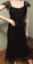Vintage 1940s Black Floral Lace Silk Lined DRESS w/Applied Flowers w/Rhinestones