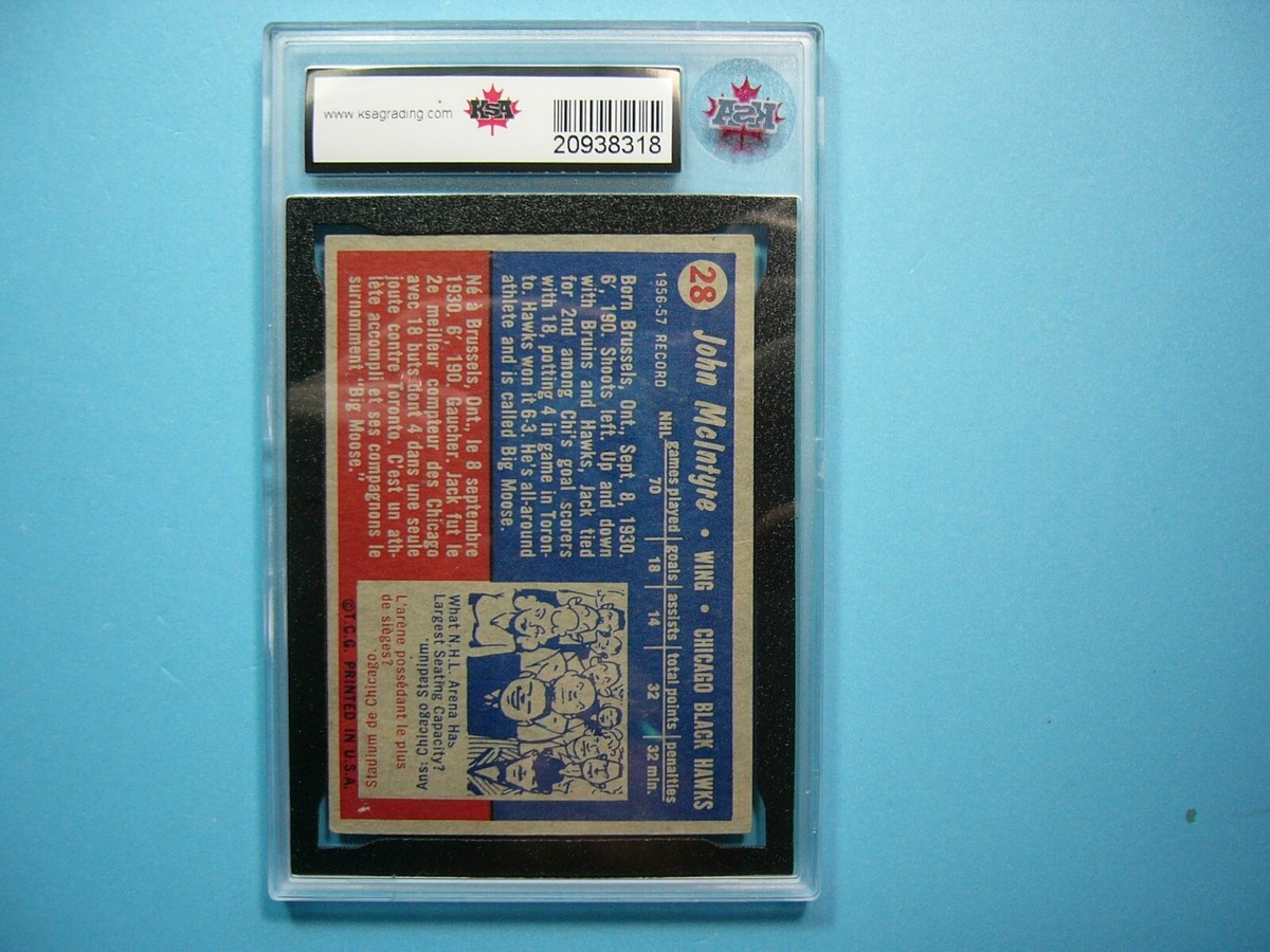 1957/58 TOPPS NHL HOCKEY CARD #28 JACK MCINTYRE KSA 6.5 EX 1957/58 TOPPS NHL HOCKEY CARD #28 JACK MCINTYRE KSA 6.5 EX