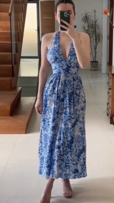 ZARA HALTER NECK PRINTED MIDI DRESS BLUE SIZE L UK 10/12 7612/022 BNWT |  eBay UK