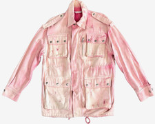 Aviva On Earth Denim Jacket Womens Large Distressed Pink Snap Metal Buttons