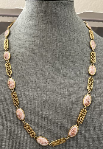 NECKLACE Gold Metal Flowered Links Painted White Rust Enamel Links In Between