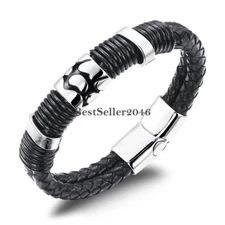 Men’s Black leather Bracelet Stainless Steel Magnetic Buckle Wrist Cuff Bangle