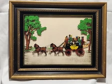 1938 C. A.  Richards Reverse Glass Painting Art Horse Carriage Stagecoach
