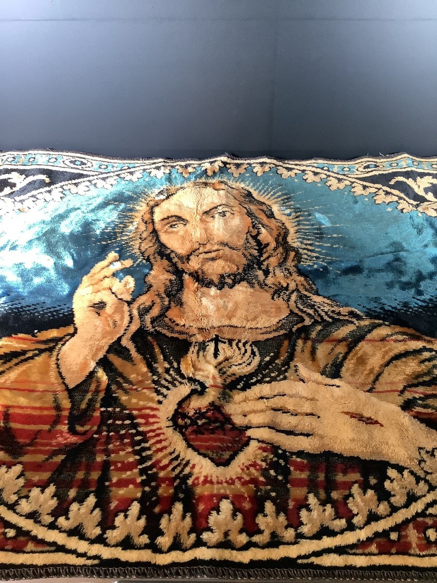 キリスト　聖心　アンティーク　タペストリー Vintage Catholic Sacred Heart Of Jesus Woven Stitch Wall