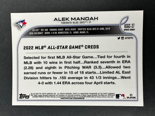 2022 #ASGC-37 Alek Mandah Topps Chrome Update All Star Game Refractor Blue Jays - Picture 2 of 2