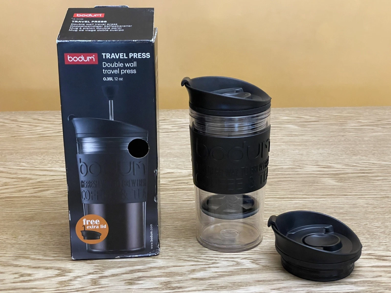 Bodum K11102-01 Travel Press Set Coffee Maker with Extra Lid, Black, 0.35 L