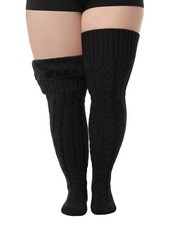 Plus Size Fleece Lined Thigh High Sock Women Cable Knit Over Knee Leg Warmer