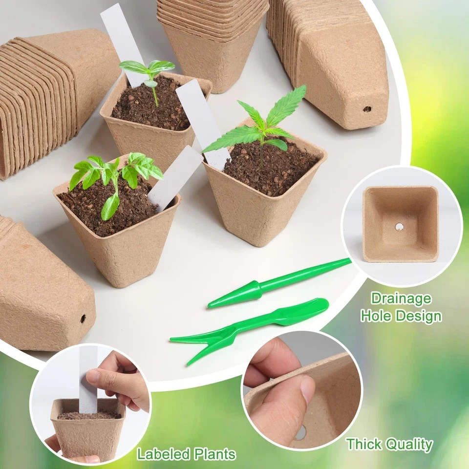 120 Pack 3.15 Inch Square Peat Pots for Seedlings, Seed Starting Pots with Dr...