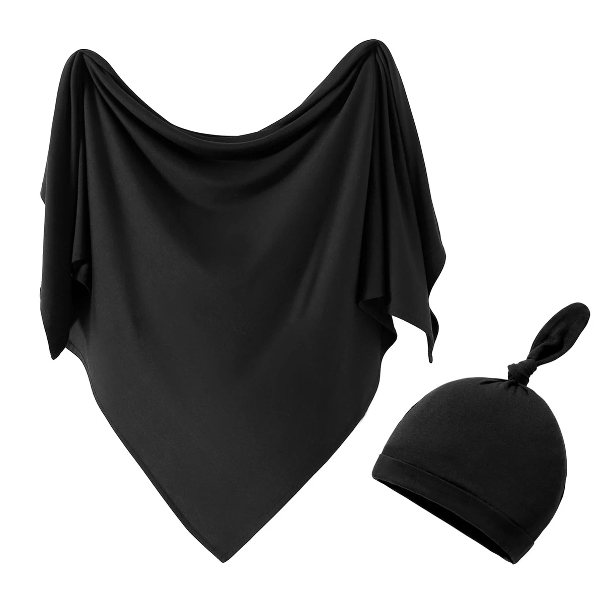 Baby Swaddle Blanket with Hat Set Newborn Swaddle Wrap Receiving Blanket – Black