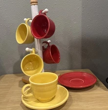 Fiestaware Set of 5 Coffee Tea Cups & 2 Saucers Red & Yellow W/ Tree FREE SHIP