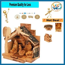 Olive Wood Nativity Set with Figurines – Hand Carved Bethlehem Christian Chri...