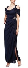 Size 8 - ALEX EVENINGS Jewel Accent Waist Cold Shoulder Long Navy Dress