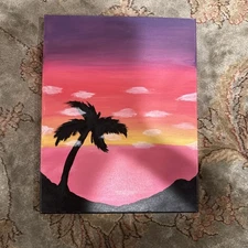 ACRYLIC ON CANVAS PAINTING 27x35cm READY TO HANG BEACH SUNSET PALM TREE