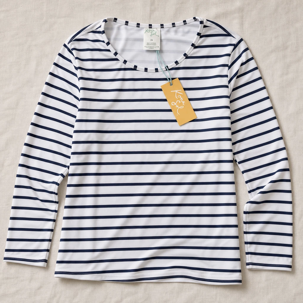 Kona Sol Womens 2X Plus Rash Guard Swim Shirt UPF 50+ Navy Stripe NWT