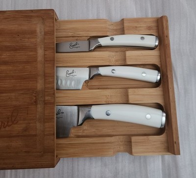 Emeril's Bamboo Wood Cutting Board 14''x9'' 3 Knife Drawer with Knife Set
