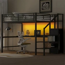 Full Size Metal Loft Bed with Desk, Staircase, Small Wardrobe & LED Light, Black