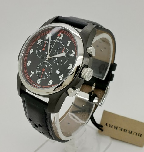Burberry BU7002 Black Chronograph Dial Leather Strap Mens Swiss Made Watch - Picture 2 of 12