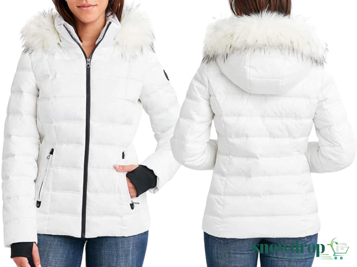 White bubble coat with fur hood sale