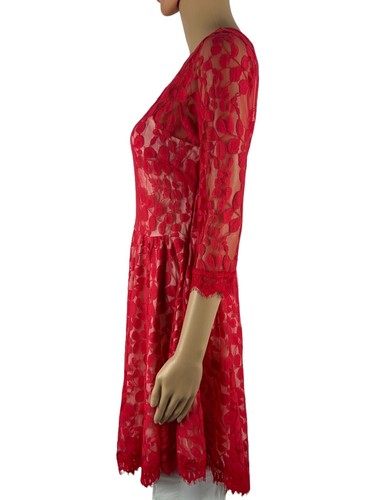 Free People Womens 4 Flirty Floral Mesh Lace Mini Dress Red Lined 3/4 Sleeve - Picture 3 of 12