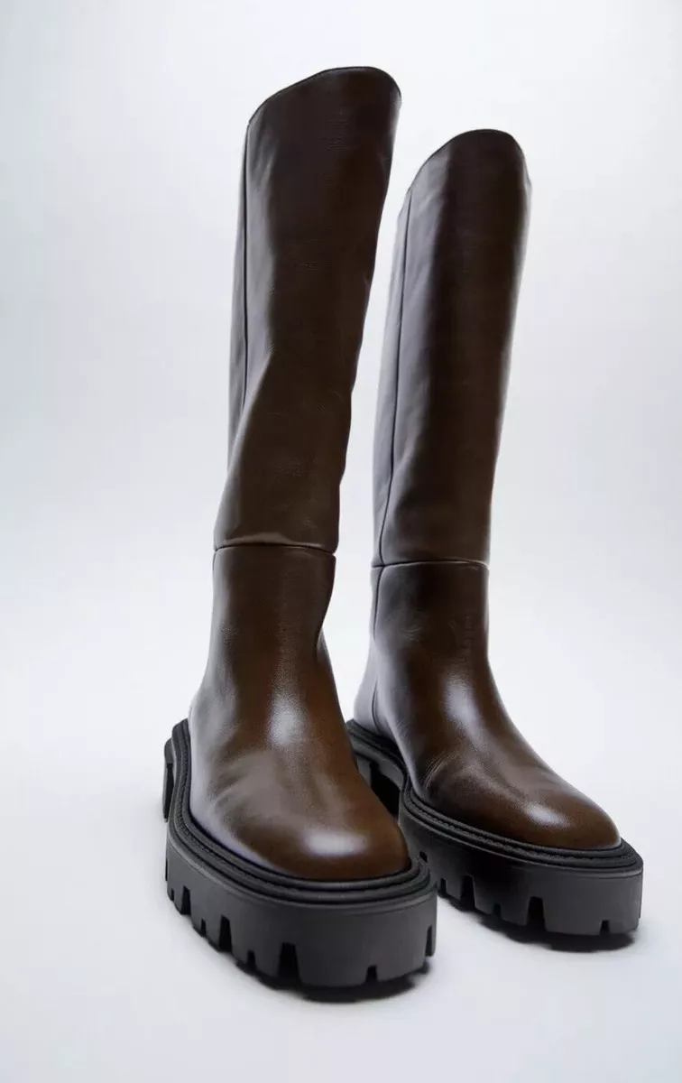 Zara Dark Brown Flat Real Leather Track Sole Knee High Boots UK4,EU37 US6.5  832