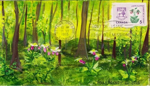 HANDPAINTED FDC 424 POLLY BERNDT LADYS SLIPPER PEI CANADA PROVINCIAL FLOWERS 1/1