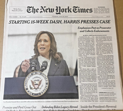 The New York Times Newspaper July 23 2024 Kamala Harris Starting 15-Week Dash