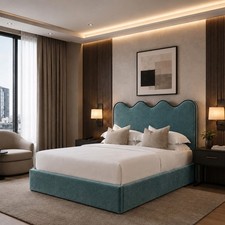 Image of Wave Plush Velvet Upholstered Ottoman Gas Lift Storage Divan Bed with Headboard