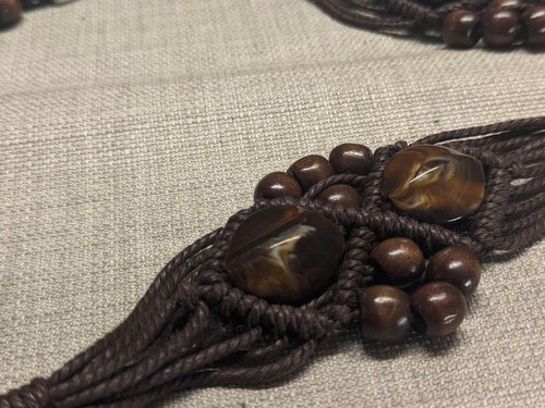 vintage BOHO macrame belt HIPPIE stone ONE SIZE acrylic agate BEADED brown - Picture 2 of 11