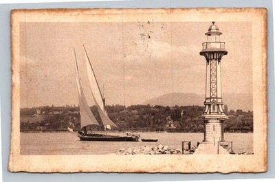 1910 Geneva Lighthouse Sailboat Postcard - Juiller frères, Posted to Rome