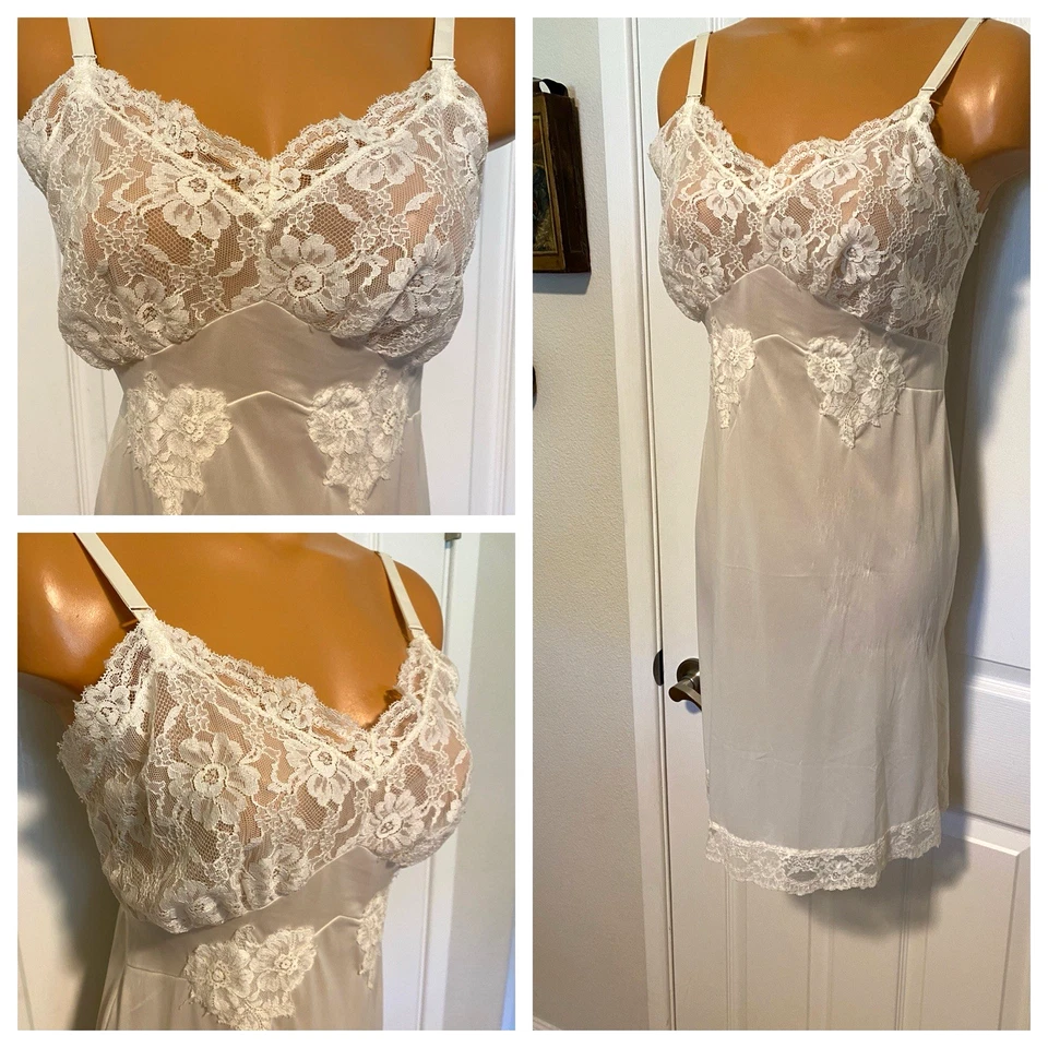 DE COLECCIÓN AÑOS 60 FORMA JUVENIL BLANCO CON CORPIÑO DE ENCAJE ESMERILADO NAILON SLIP COMPLETO EE. UU. TALLA 36 Foto 2 de 4