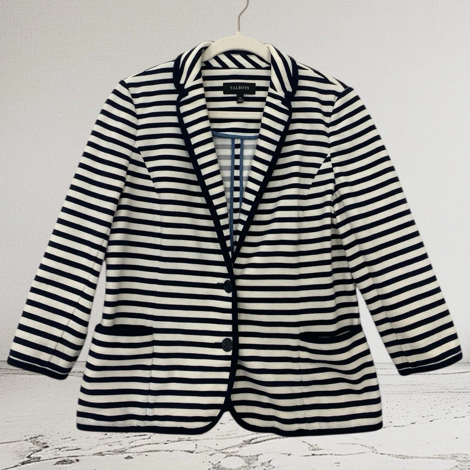 Blazer Talbots Azul Marino Rayas Para Mujer Talla Mediana Acanalado Tejido Preppy Chic $149 Foto 2 de 4