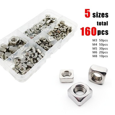 160pcs Square Nut Set Mix M3 M4 M5 M6 M8 Assortment Kit 304 A2 Stainless Steel
