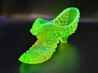 Vtg Fenton Vaseline Opalescent Uranium Glass Hobnail Cat Head Slipper Shoe