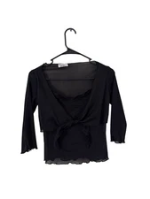 VTG Papaya Women's Black Size S Tie Fairy Grunge Top Juniors Witchy 3/4 Sleeve