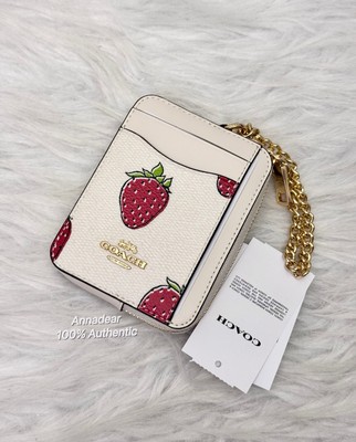 Coach CAR32 Zip Card Case With Strawberry Print NWT Chalk Multi | eBay