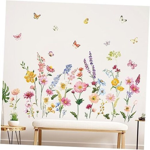 Flower Wall Decals Daisy Wildflower Grass Butterflies Wall Stickers Girls