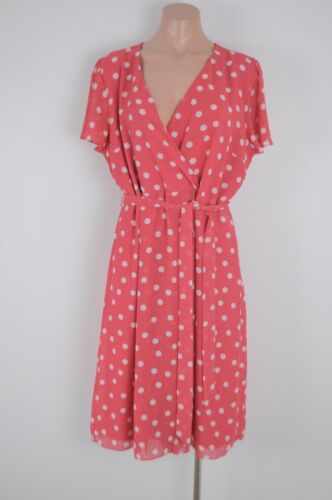 Jacqui E Dress Womens 14 Pink Polka dot Fit Flare Belted Short Sleeve V neck - Picture 2 of 13