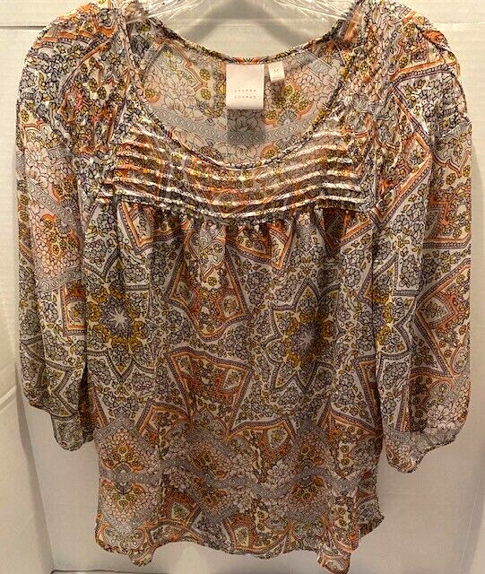 Lauren Conrad Women's Sz. Med. Sheer Feminine Boho Style Orange/Multicolor Top