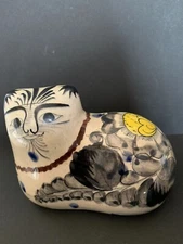 Tonala Mexican Pottery Cat Figurine Hand Painted Signed Folk Art 7 inches