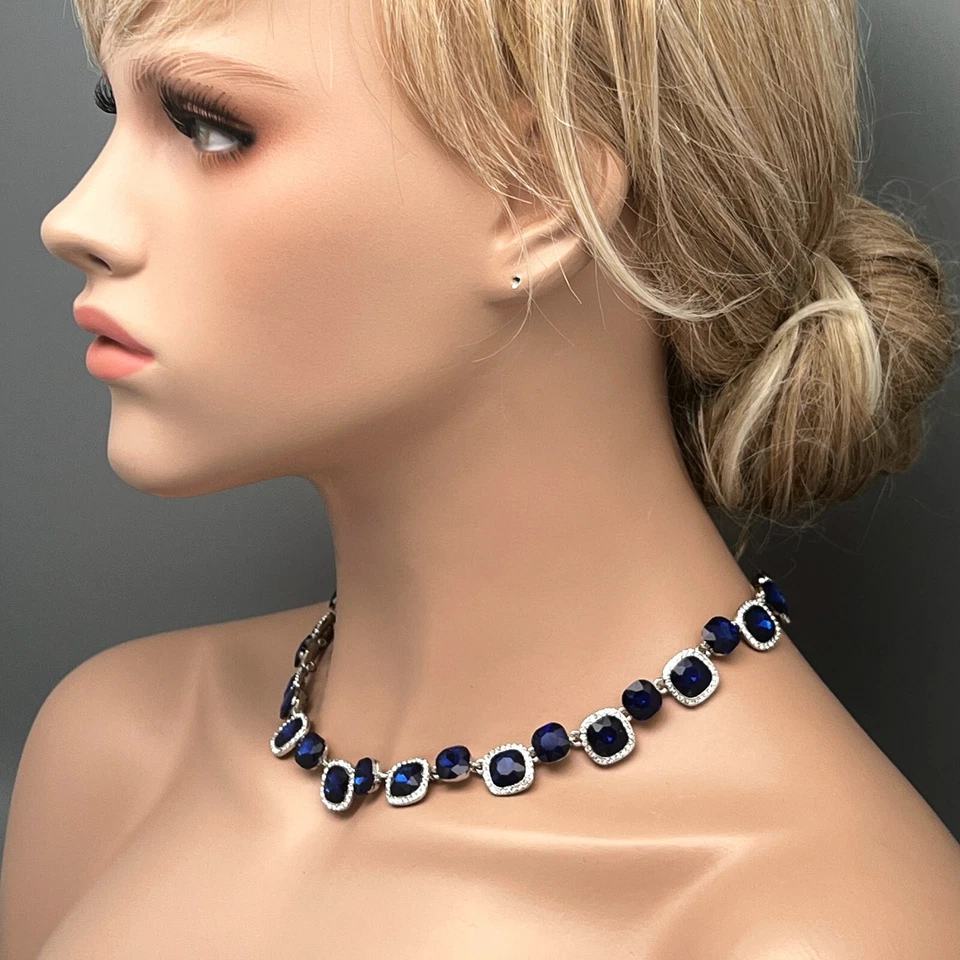 Colar de tênis feminino almofada azul cristal strass babador joia tom prata 49 - Imagem 4 de 4