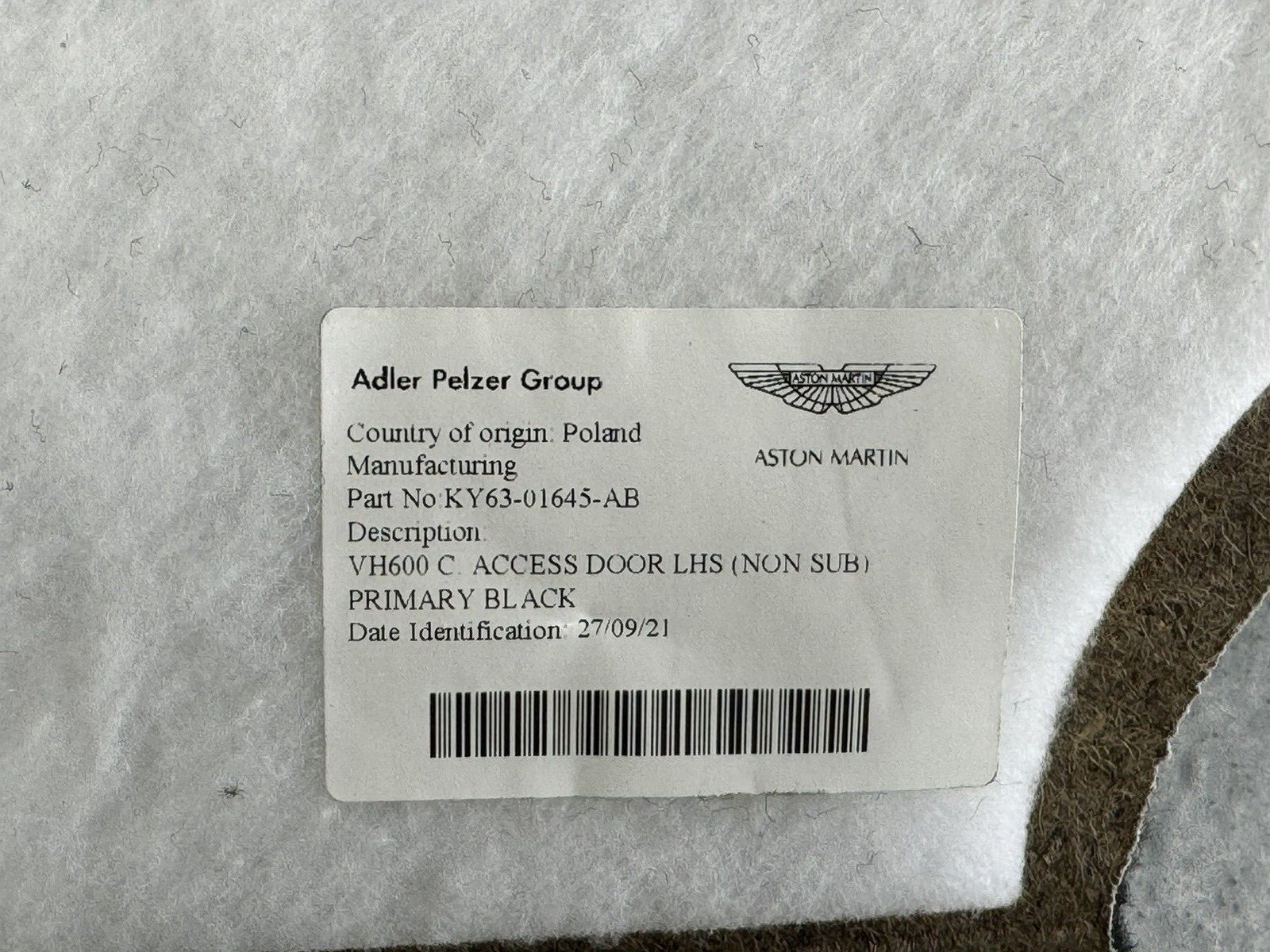 Aston Martin Rear Left Bulkhead Access Carpet Panel OEM # KY63-01645-AB
